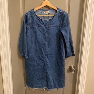 Madewell Blue Denim Jean Three Quarter Sleeve Midi Frayed Hem Dress
